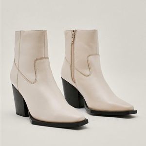 Contrast Pointed Real Leather Western Ankle Boots